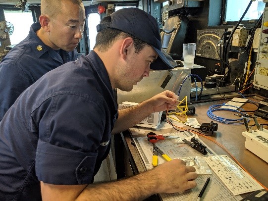 Information Systems Technicians on board CGC Bear (WMEC-901) prepare to install fiber-optic cable between the bridge and an improvised fantail-mounted side-scan sonar winch. (photo by Ensign Malia Hindle) Information Systems Technicians on board CGC Bear (WMEC-901) prepare to install fiber-optic cable between the bridge and an improvised fantail-mounted side-scan sonar winch. (photo by Ensign Malia Hindle)